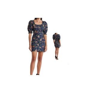 Betsey Johnson Women Puff Sleeve Floral Denim Mini Dress Size L Coquette Glam